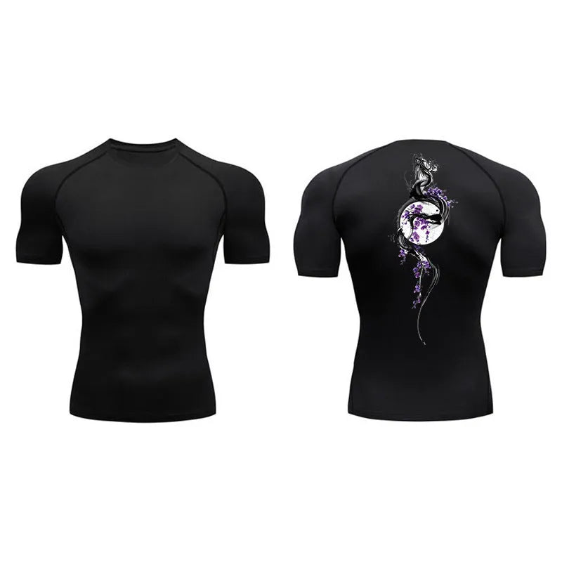 Men's short sleeve compression shirt with sword print design in multiple colour options