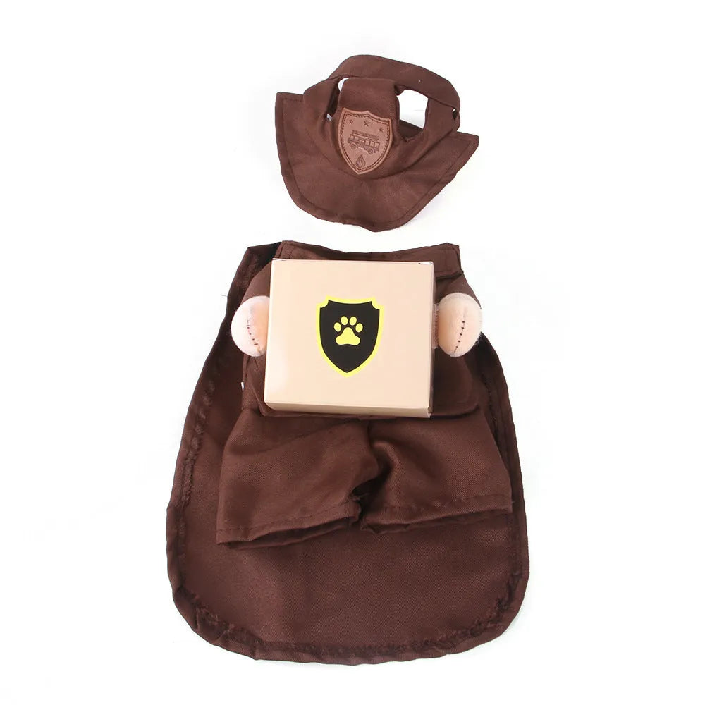Coffee coloured pet clothing with standing collar design on dog model