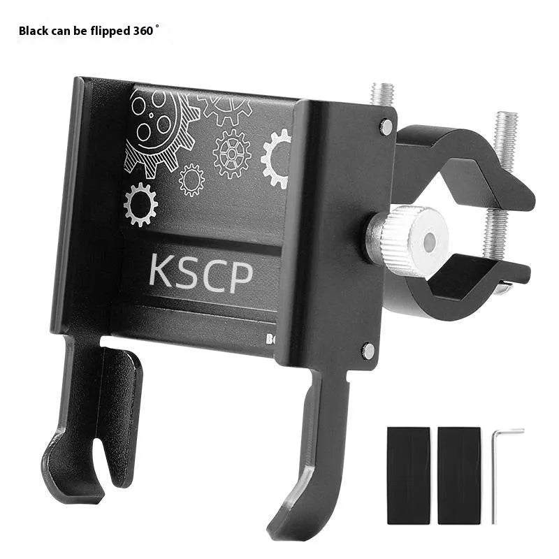 Aluminium alloy mobile phone holder mounted on bicycle handlebar showing black colour option