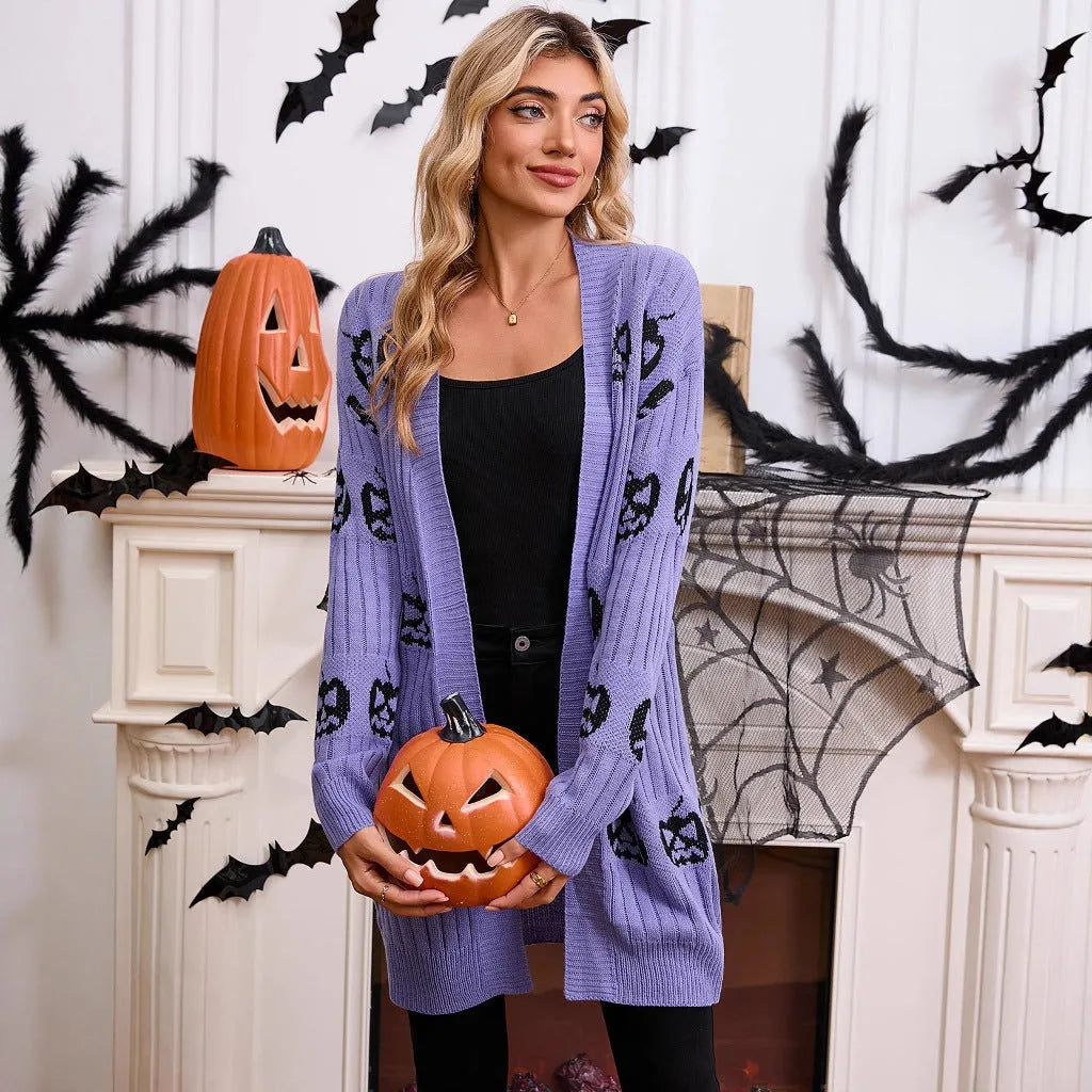 Women's black Halloween cardigan with orange pumpkin head jacquard knit pattern