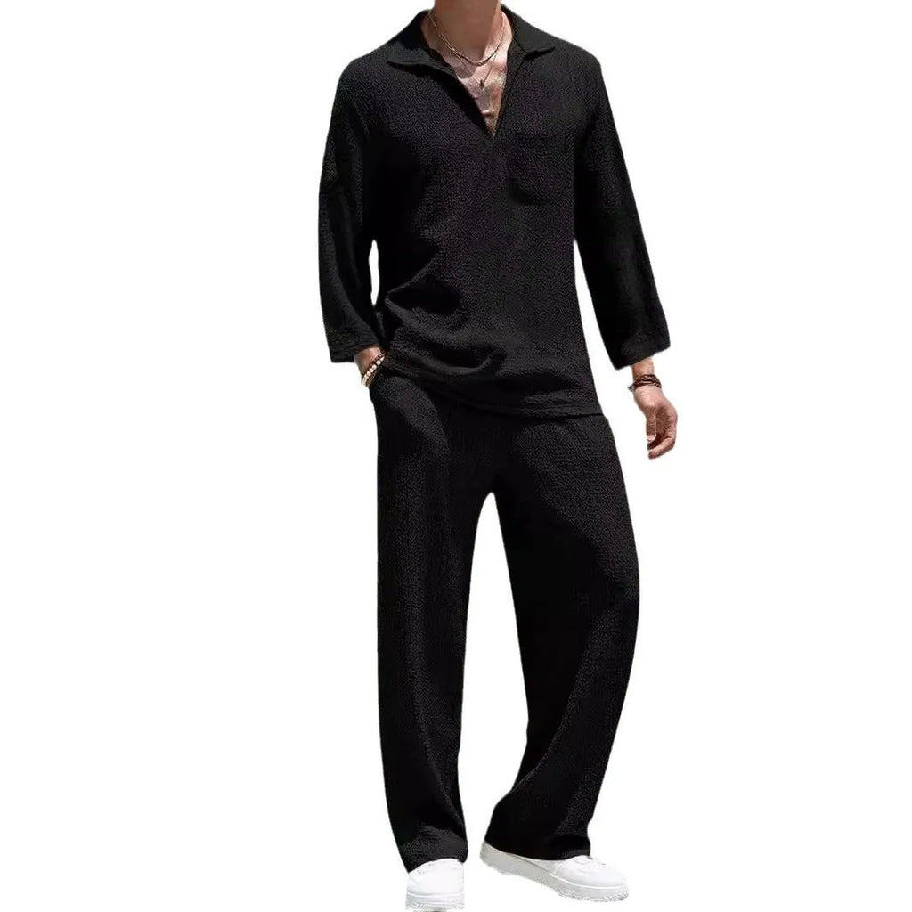 Men's casual shirt and trousers commuter suit set in lake blue, khaki, black, and caramel colours.