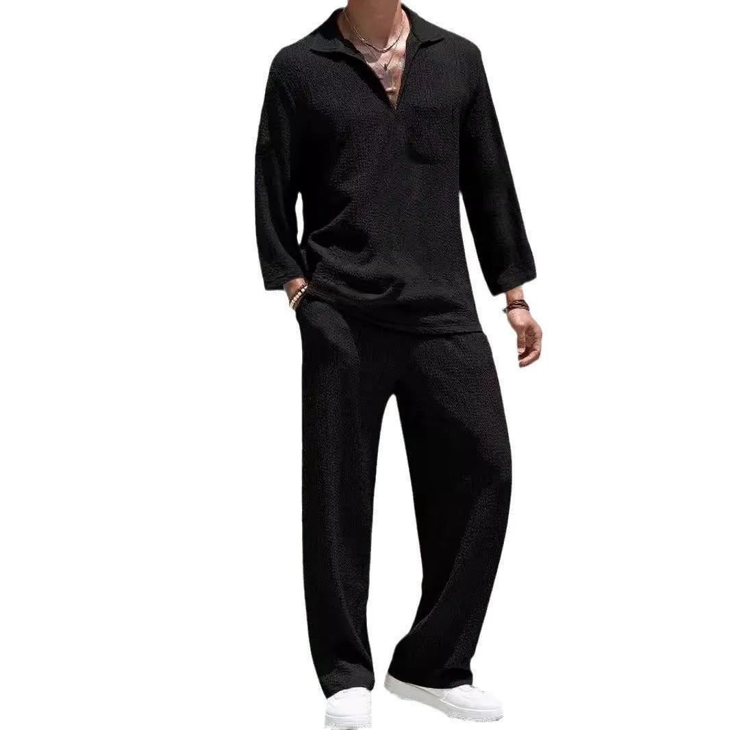 Men's casual shirt and trousers commuter suit set in lake blue, khaki, black, and caramel colours.