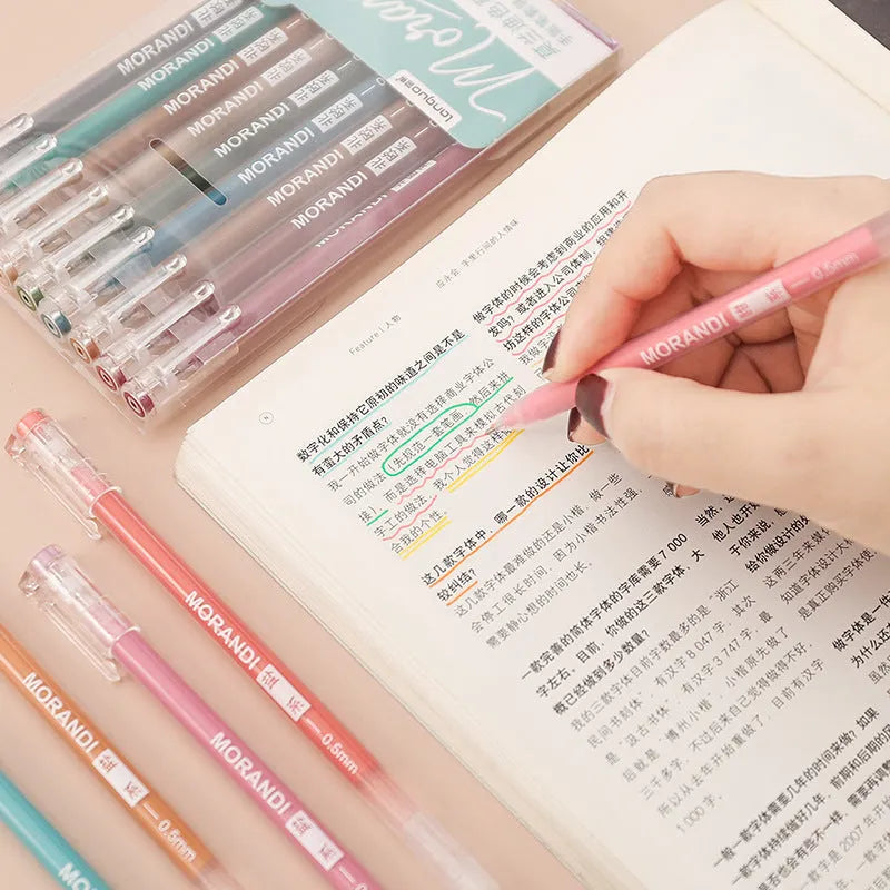 Set of nine plastic gel pens with 0.5mm needle tips in a choice of Japanese-inspired colour themes.