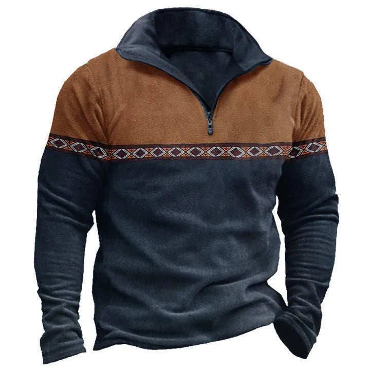 Men's retro patchwork zip-front polo sweater in cotton blend fabric