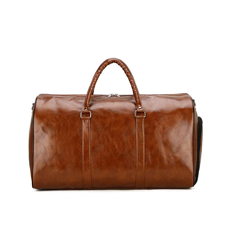 Retro large capacity men's sports gym bag in black PU leather with visible sewing thread stitching
