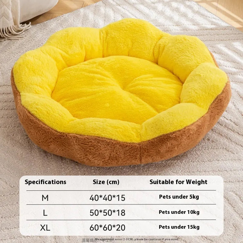 Round grey and black rabbit plush pet bed for cats with a thick, padded rim.