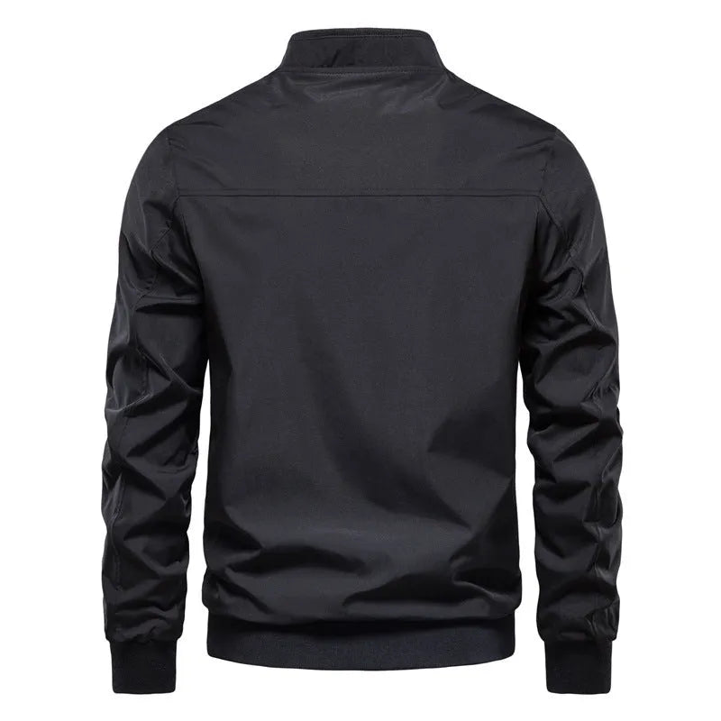 Men's thin casual polyester jacket in dark blue, black, or army green solid colour.