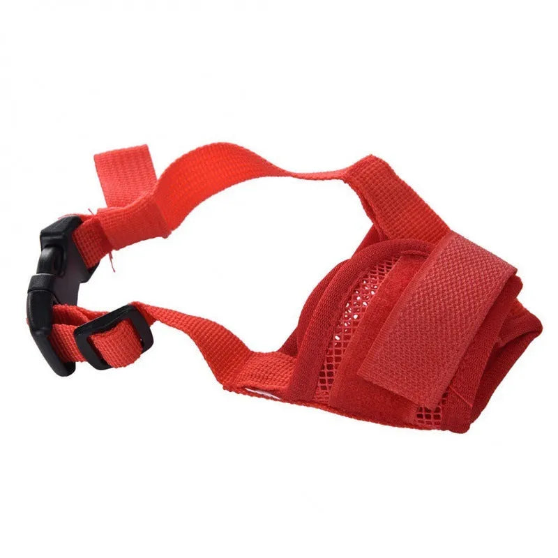 Adjustable plastic dog muzzle shown in multiple colours and sizes for medium and large breeds.