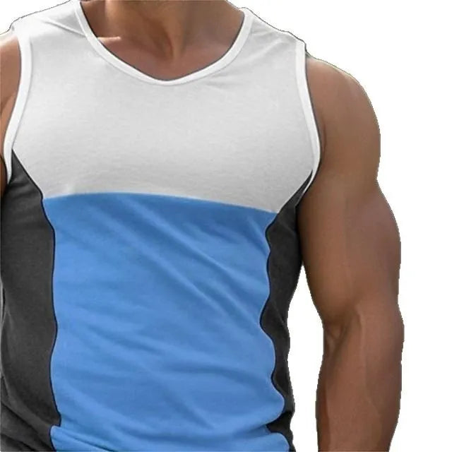 Men's blue cotton-polyester sports vest for running and fitness.