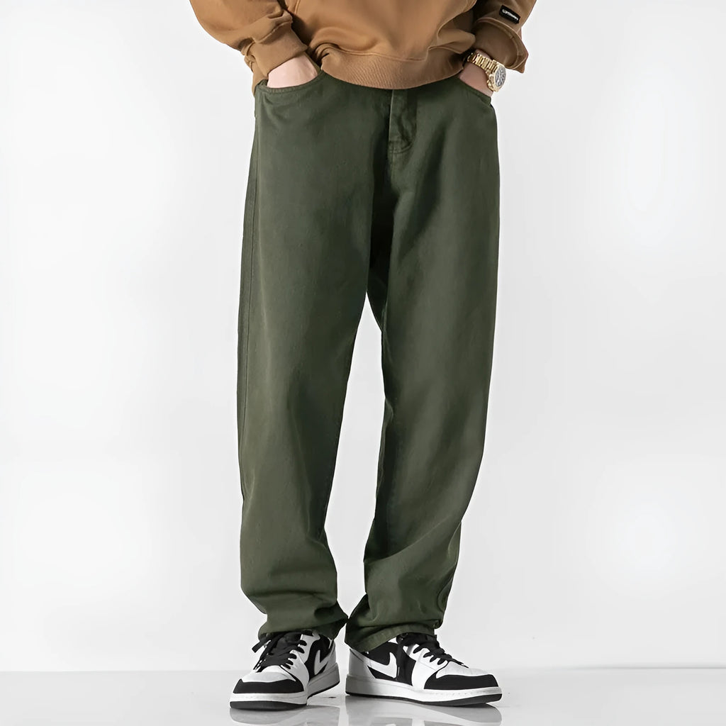 Retro solid colour loose straight trousers in army green with double layer belt waist