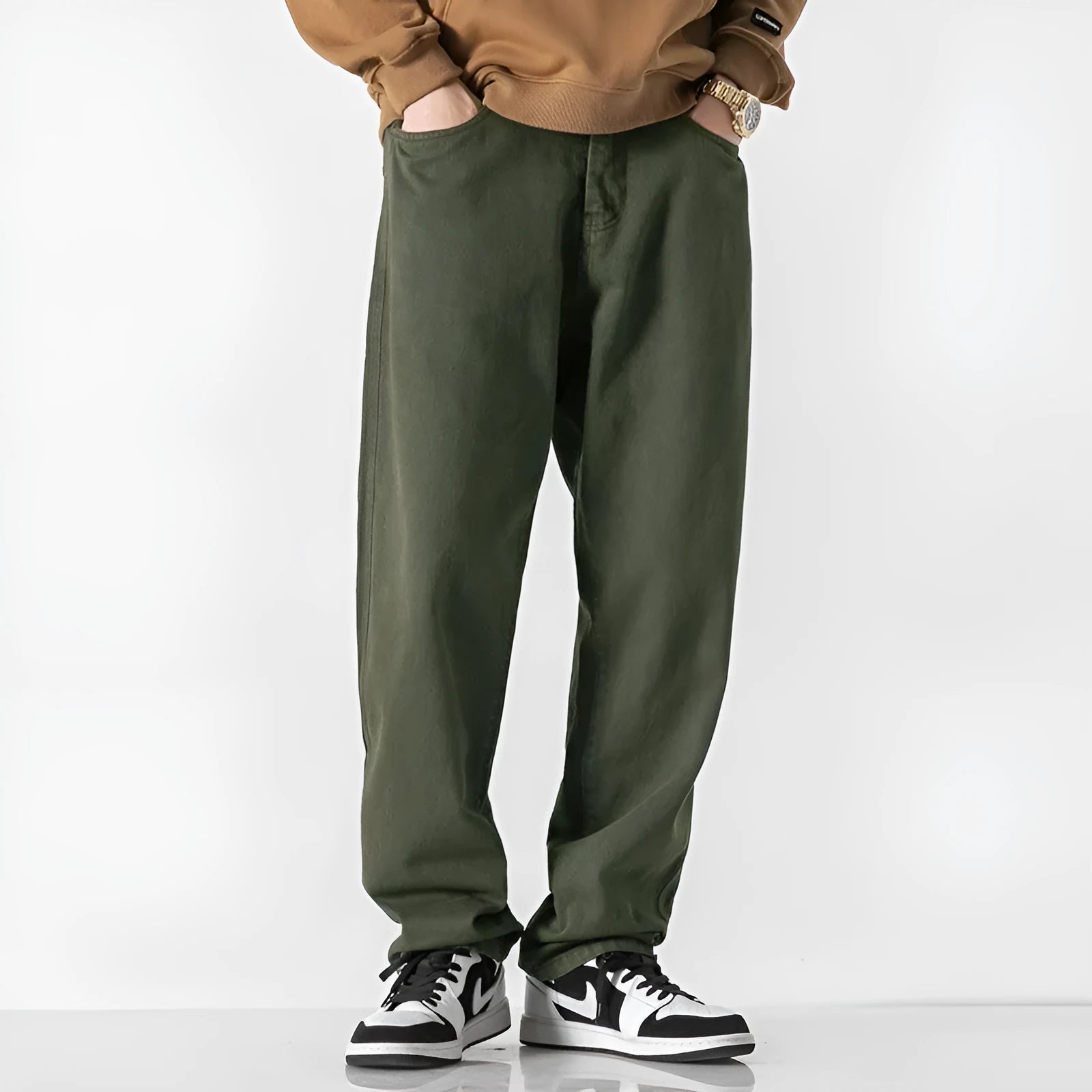 Retro solid colour loose straight trousers in army green with double layer belt waist