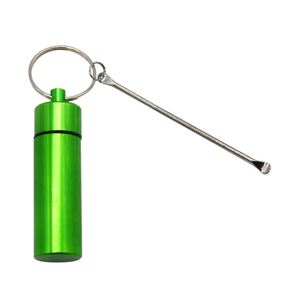 Aluminium portable medicine storage bottle with keychain and spoon in multiple colour options.