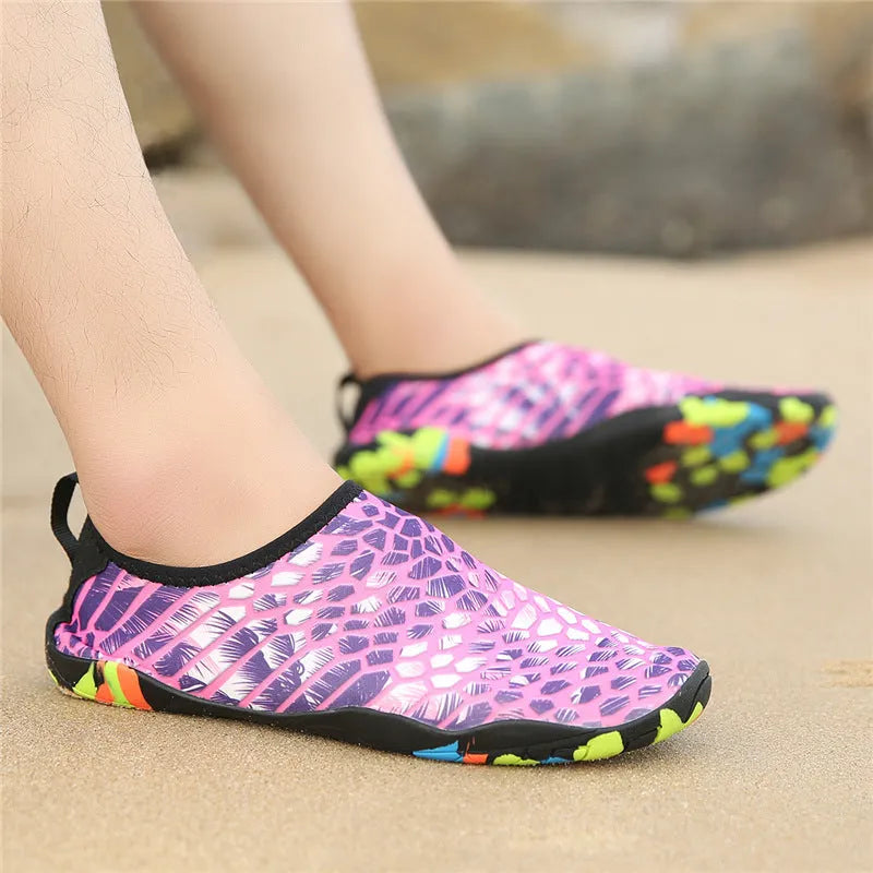 Beach wading shoes with elastic Lycra uppers and EVA foam midsoles in multiple colour options