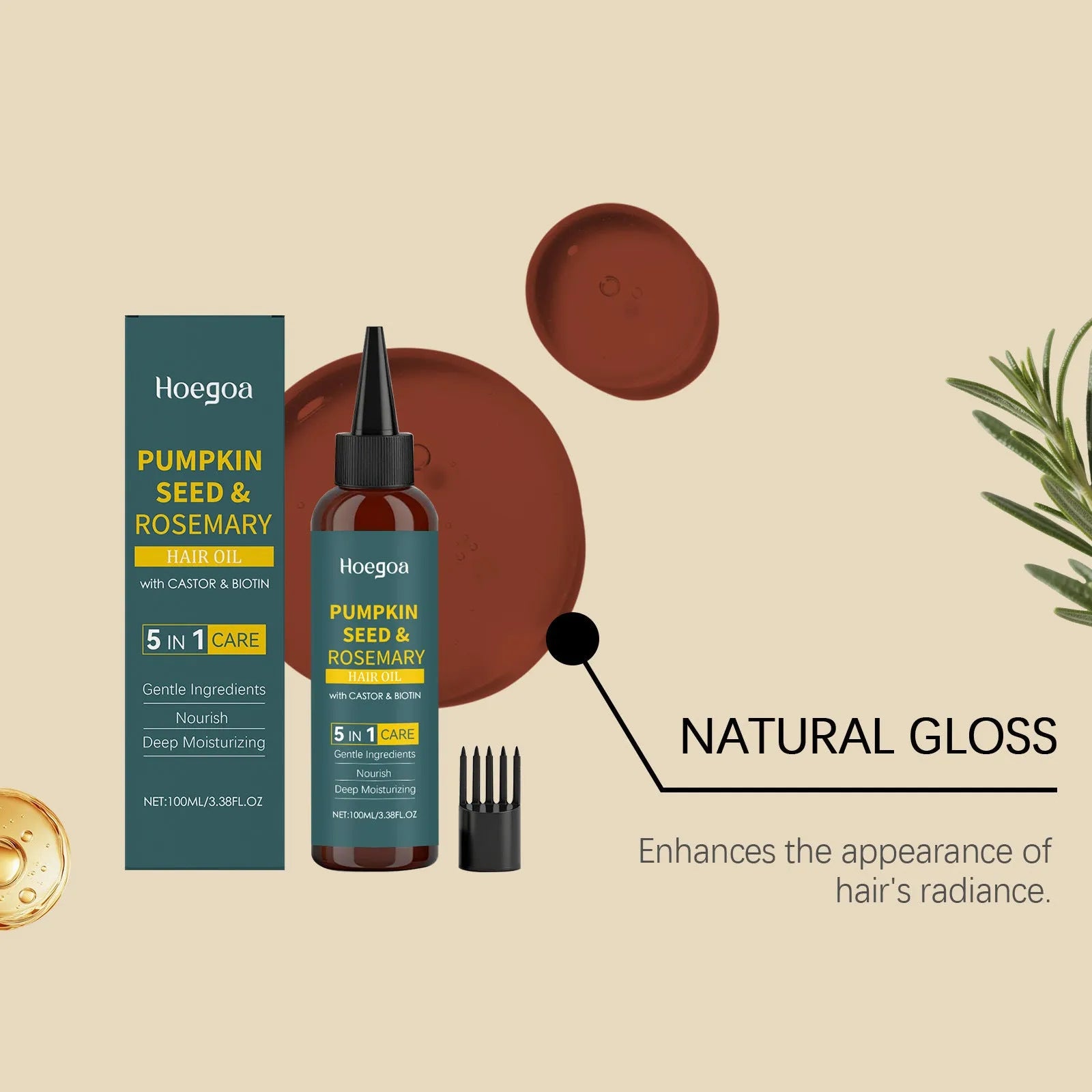 Rosemary hair care essential oil 100ml bottle with pointed applicator tip and hair comb