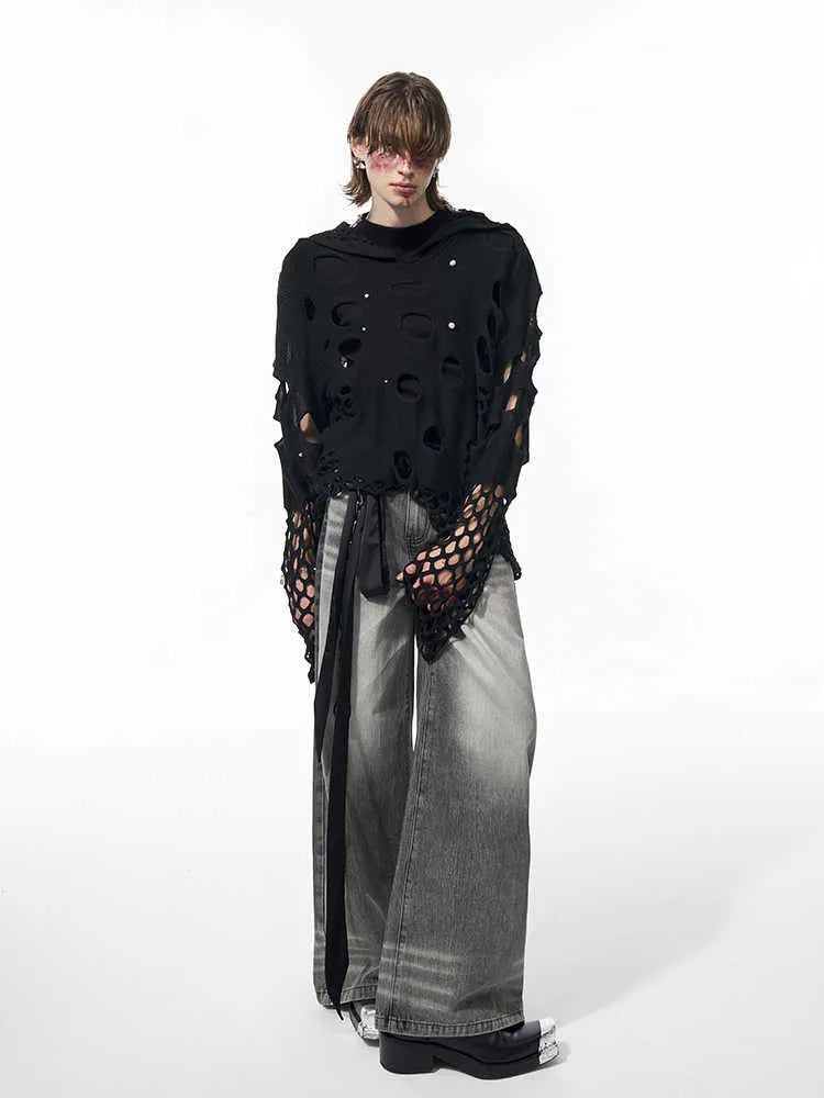 Black men's loose-fit hoodie sweater with pearl decorative trim on the hood.