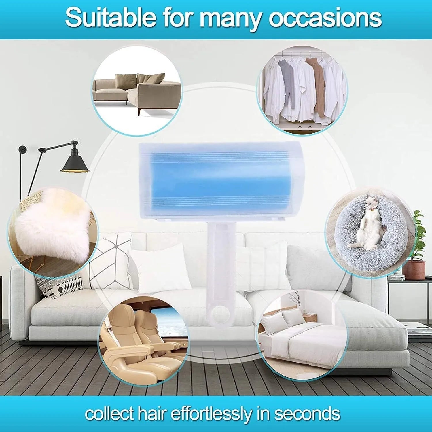 Blue reusable washable lint roller with cover for removing pet hair from clothes and sofas.