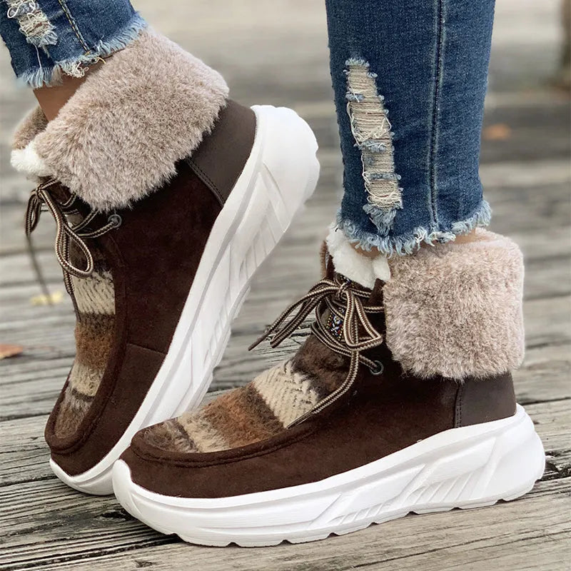 Women's beige suede lace-up snow boots with thick rubber soles and plush lining