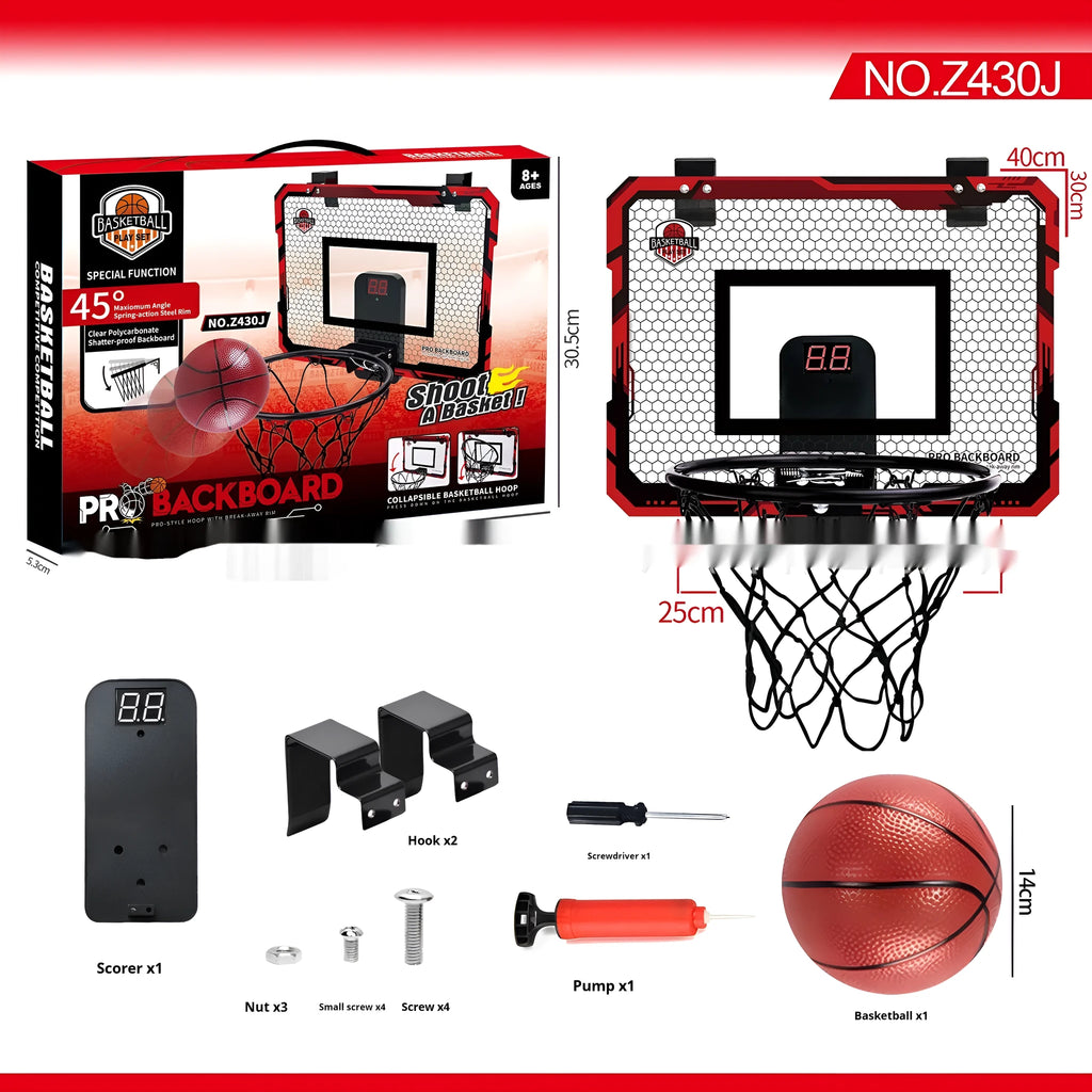 Folding basketball dunk frame with blue parallel panels and suction cup mounts for indoor walls.