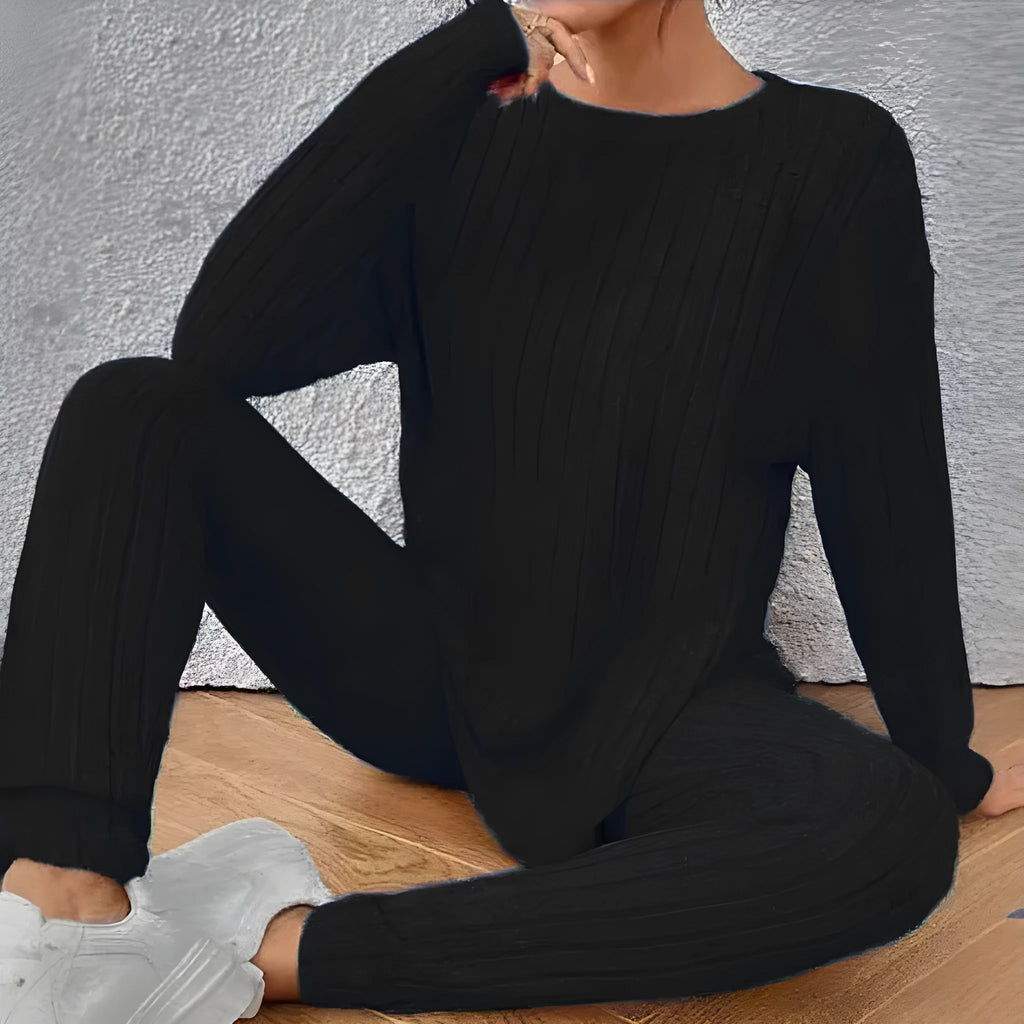 Women's black sunken stripe polyester two-piece homewear set with short-sleeve top and trousers