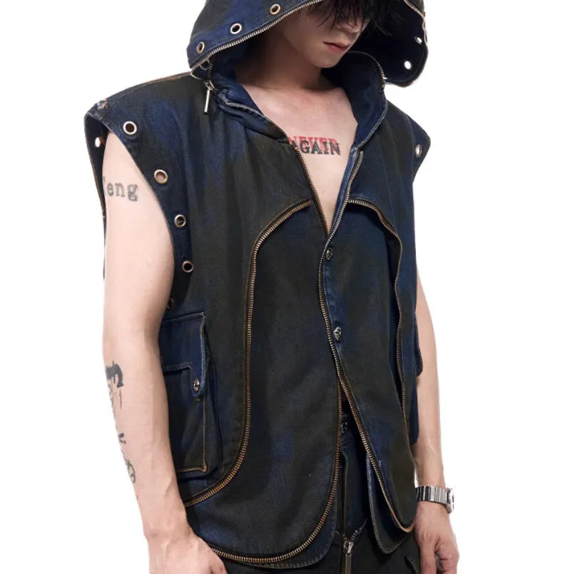 Blue hooded denim vest coat with matching trousers set on mannequin