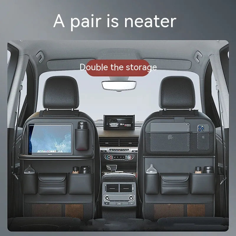 Car seat storage bag with foldable table in leather, hanging behind vehicle seat