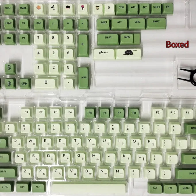 Set of 124 matcha green PBT keycaps with white legends for a mechanical keyboard
