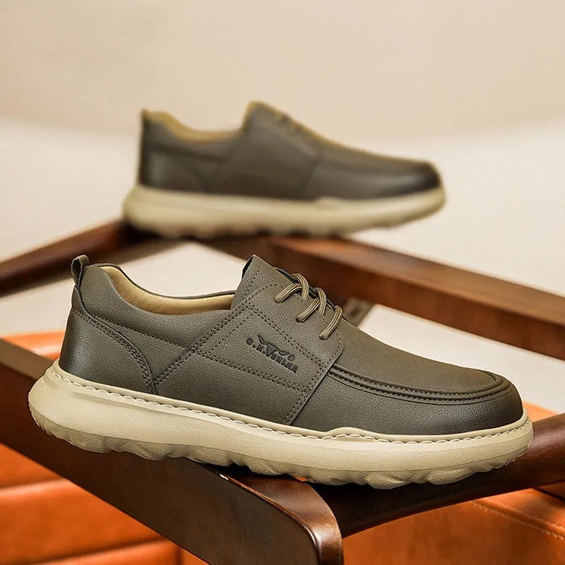 Men's casual leather shoes in gray with plain surface, rubber foam sole, size 42