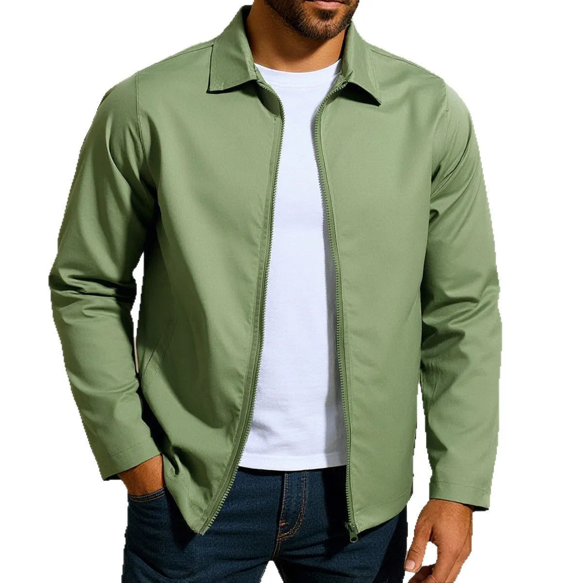 Man wearing a green zip-up cardigan jacket with raglan sleeves on a casual day out.