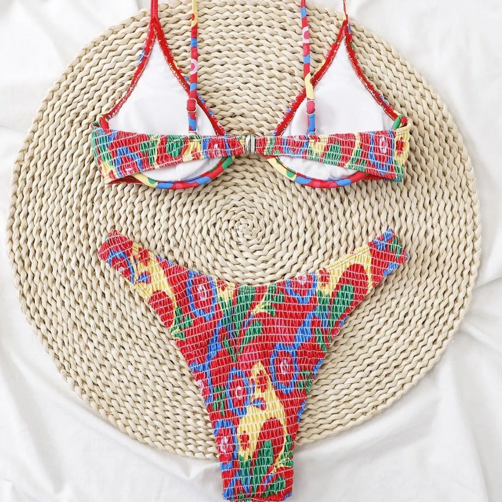 Red floral pattern women's underwire triangle bikini with briefs bottoms