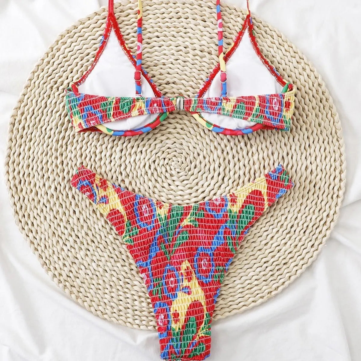 Red floral pattern women's underwire triangle bikini with briefs bottoms
