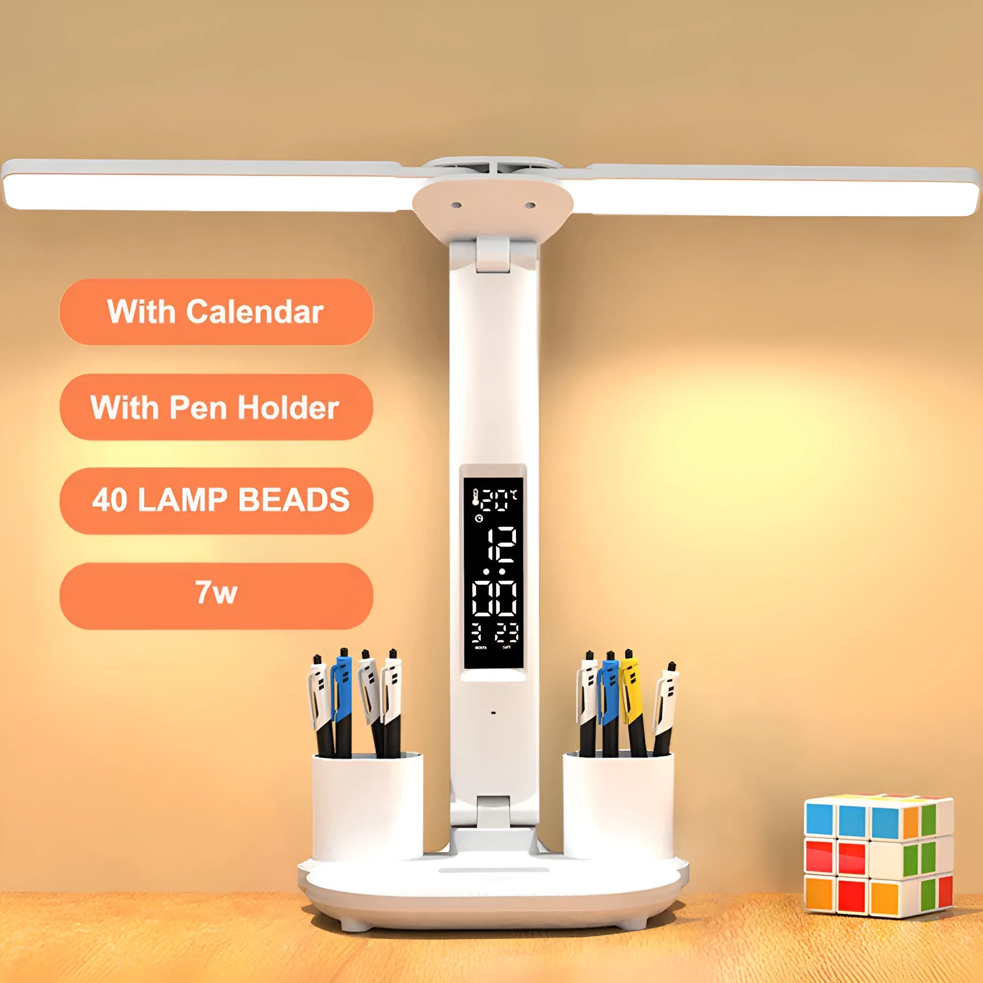 White multifunction LED desk lamp with clock, calendar, pen holder, and USB touch night light on a desk