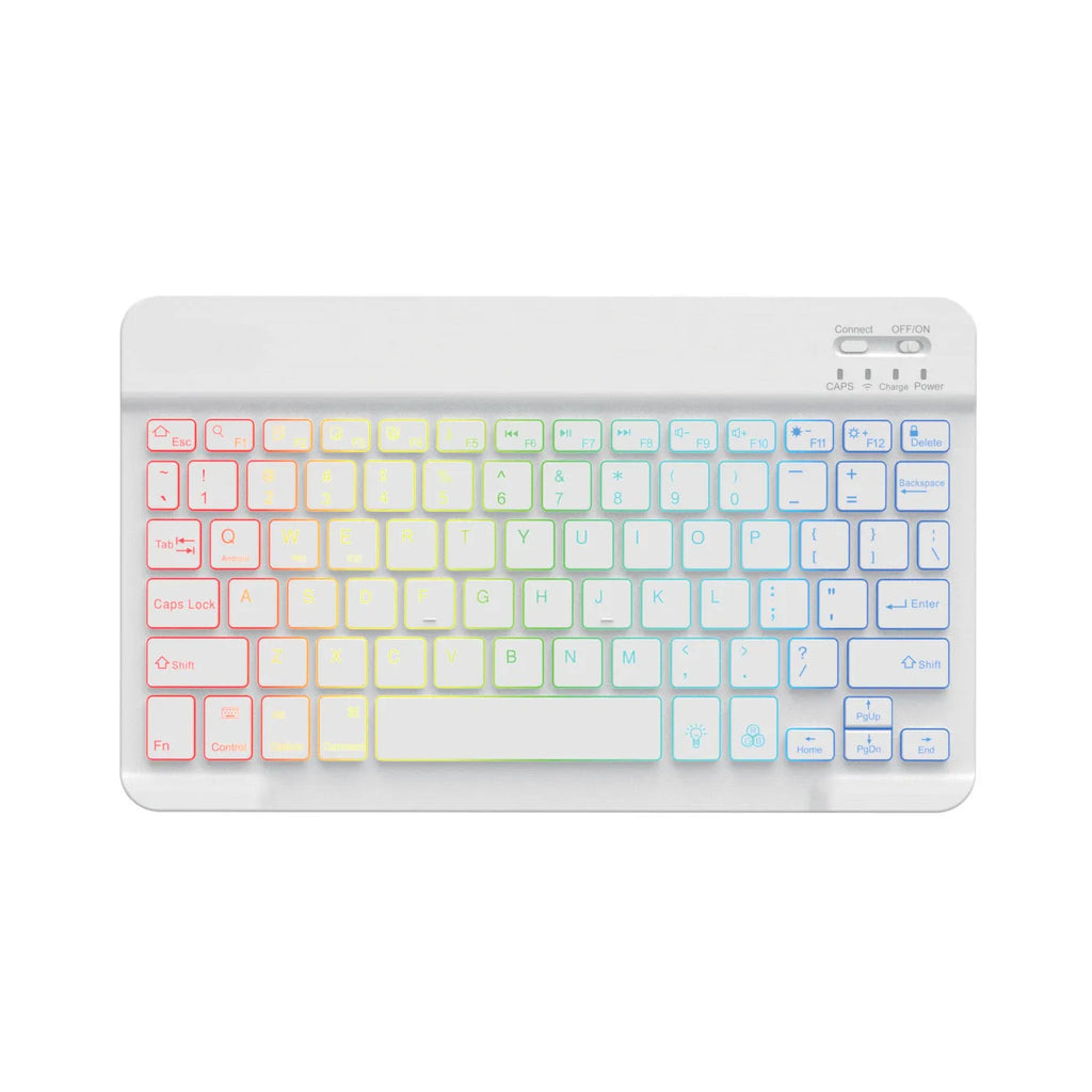 10-inch backlit Bluetooth keyboard for tablets showing colourful lighting with charging cable