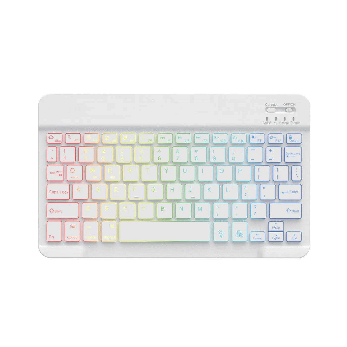 10-inch backlit Bluetooth keyboard for tablets showing colourful lighting with charging cable