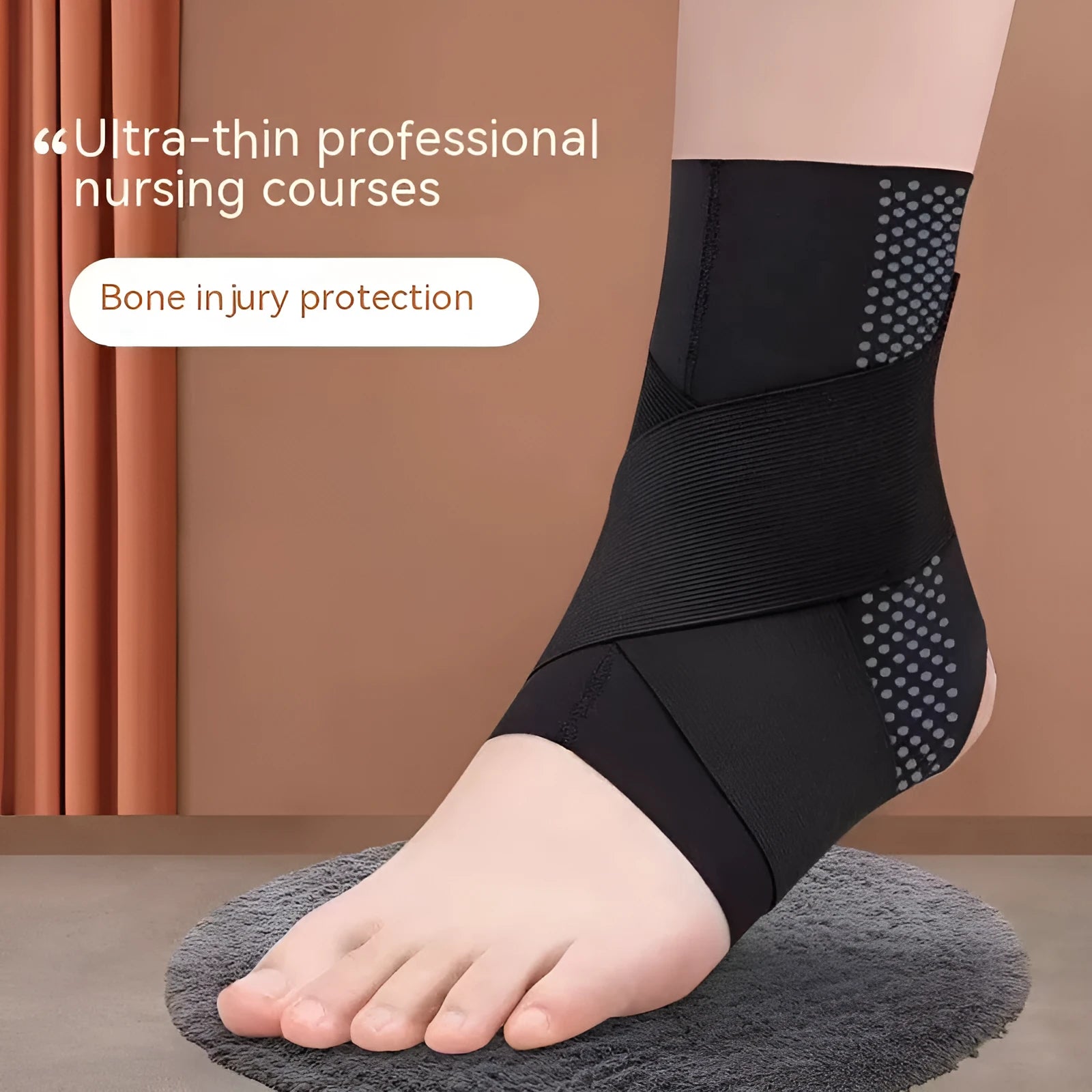 Black Lycra ankle support brace shown on adult foot for sports protection
