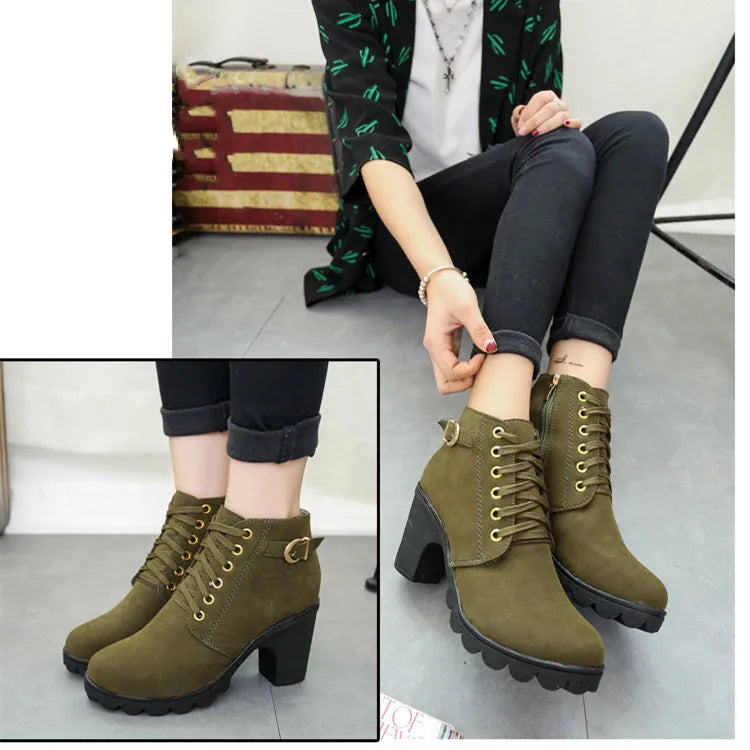 Chunky block heel ankle boots for women, round toe, front tie, low canister, artificial PU suede upper, rubber sole