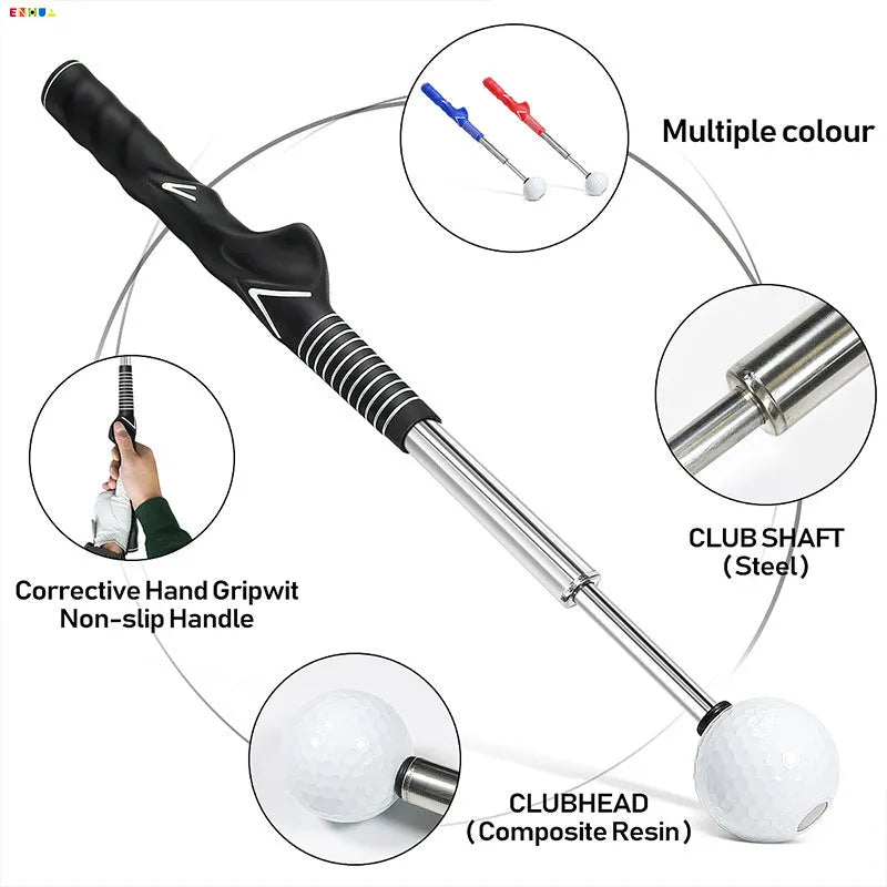 Telescopic golf swing trainer with stainless steel construction in three colour options