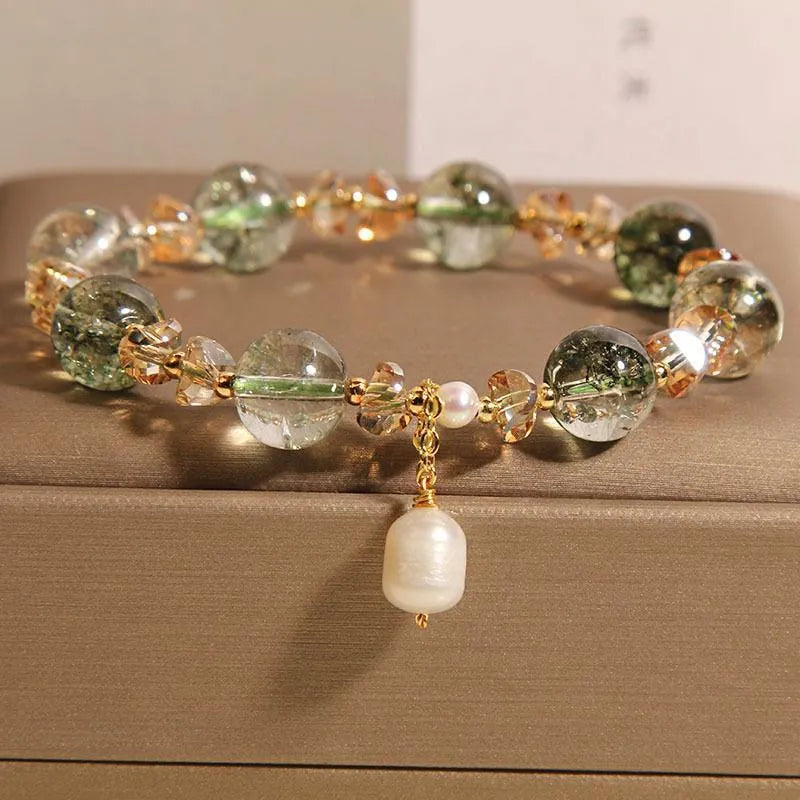 Women's natural chorite crystal bracelet with green phantom quartz beads in Japanese Korean minimalist style