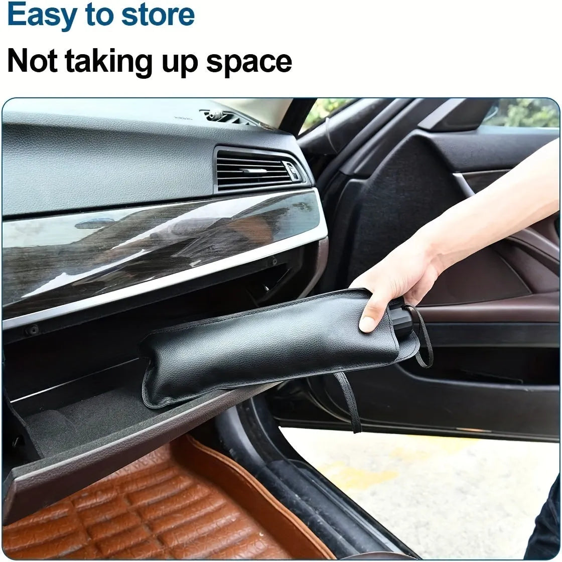 Foldable car windshield sunshade umbrella shown open and folded with automatic rebound button