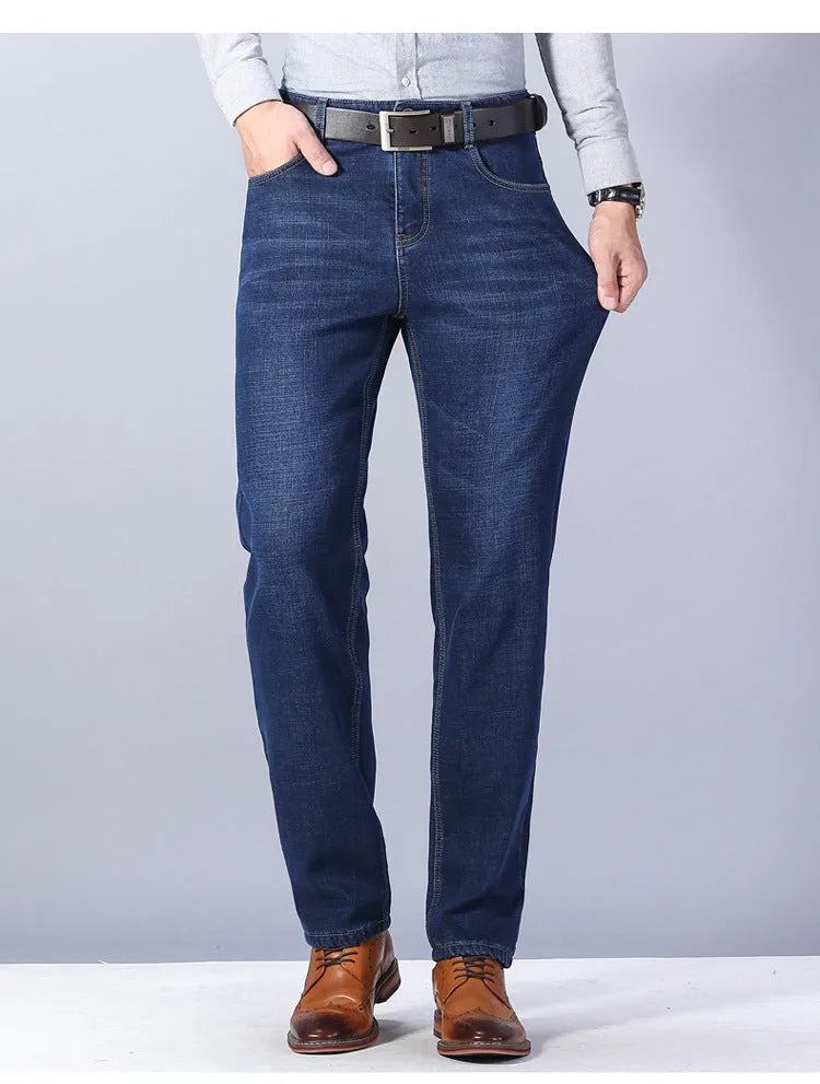 Thickened plush jeans for men, cotton straight tube, blue colour, warm winter casual trousers