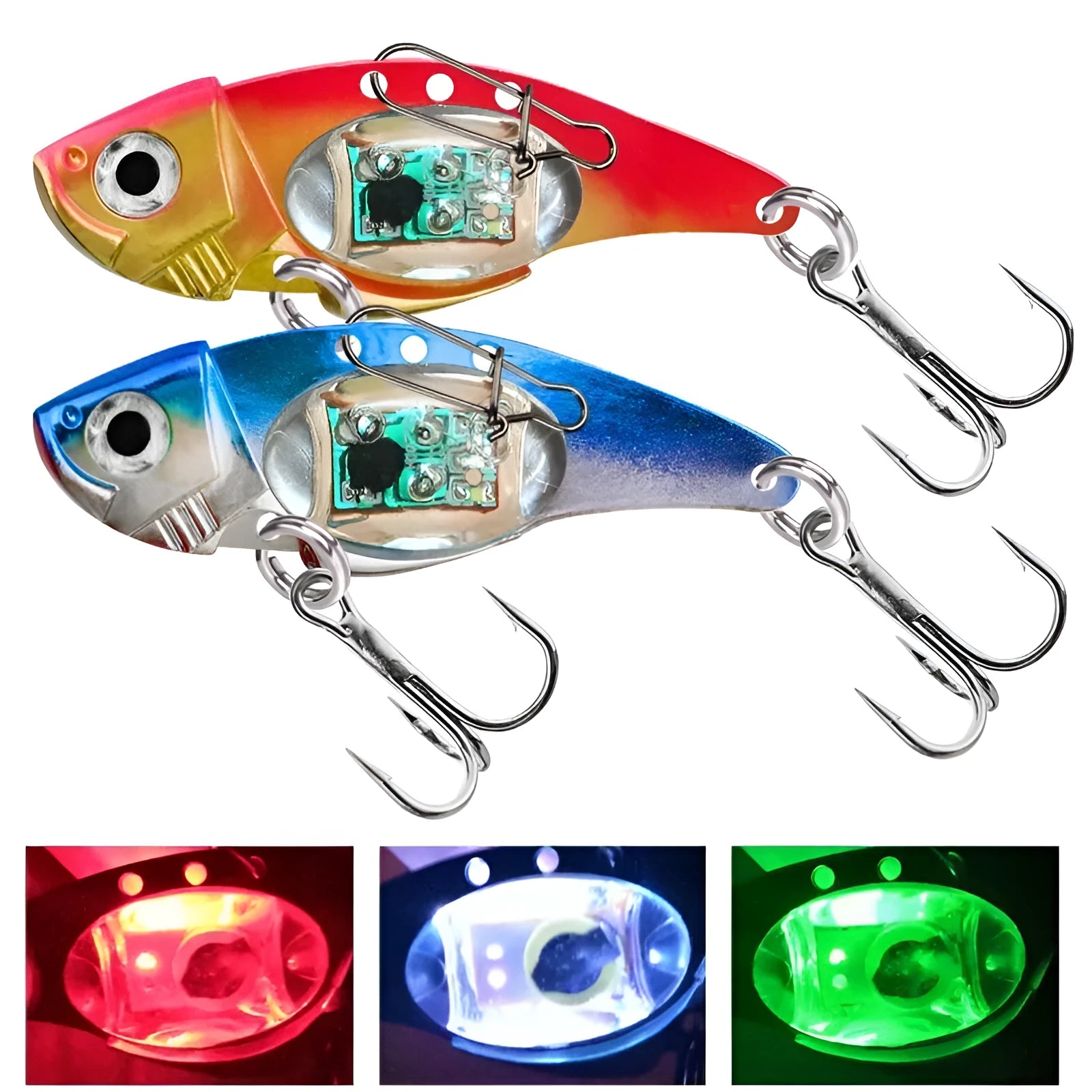 Electronic luminous metal vib fishing lure showing blue body and red body colour options