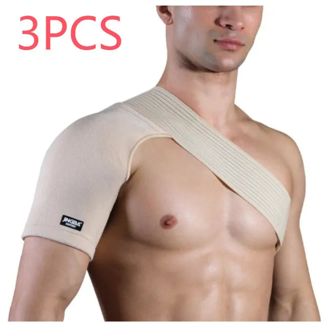 Adjustable one-shoulder sports protective strap in skin colour, shown on a model.