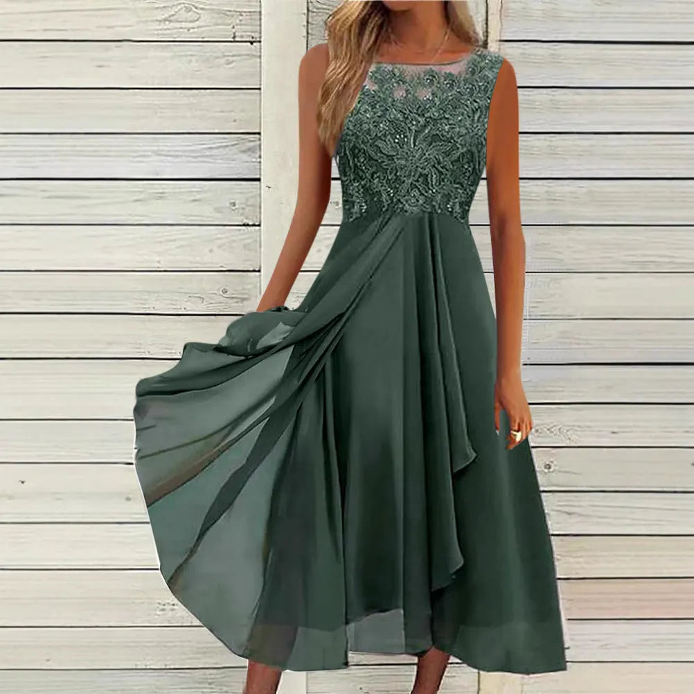 Women's sleeveless mid-length chiffon dress with lace detailing in blue, green, or purple