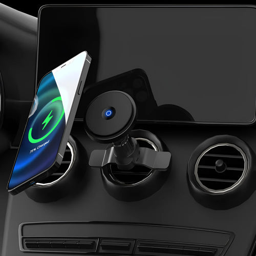 Silver 15W magnetic wireless car charger mounted on vehicle air vent with phone attached