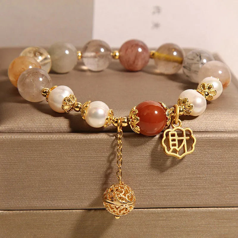 Natural colour hair crystal pearl bracelet for women with Japanese Korean style and Cai character design