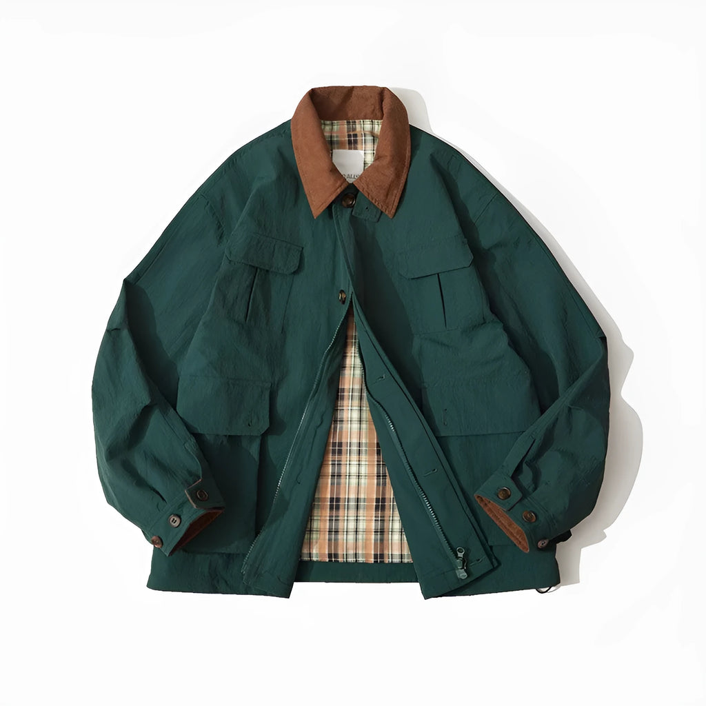 Green and apricot contrast colour casual jacket with side seam pockets on a hanger