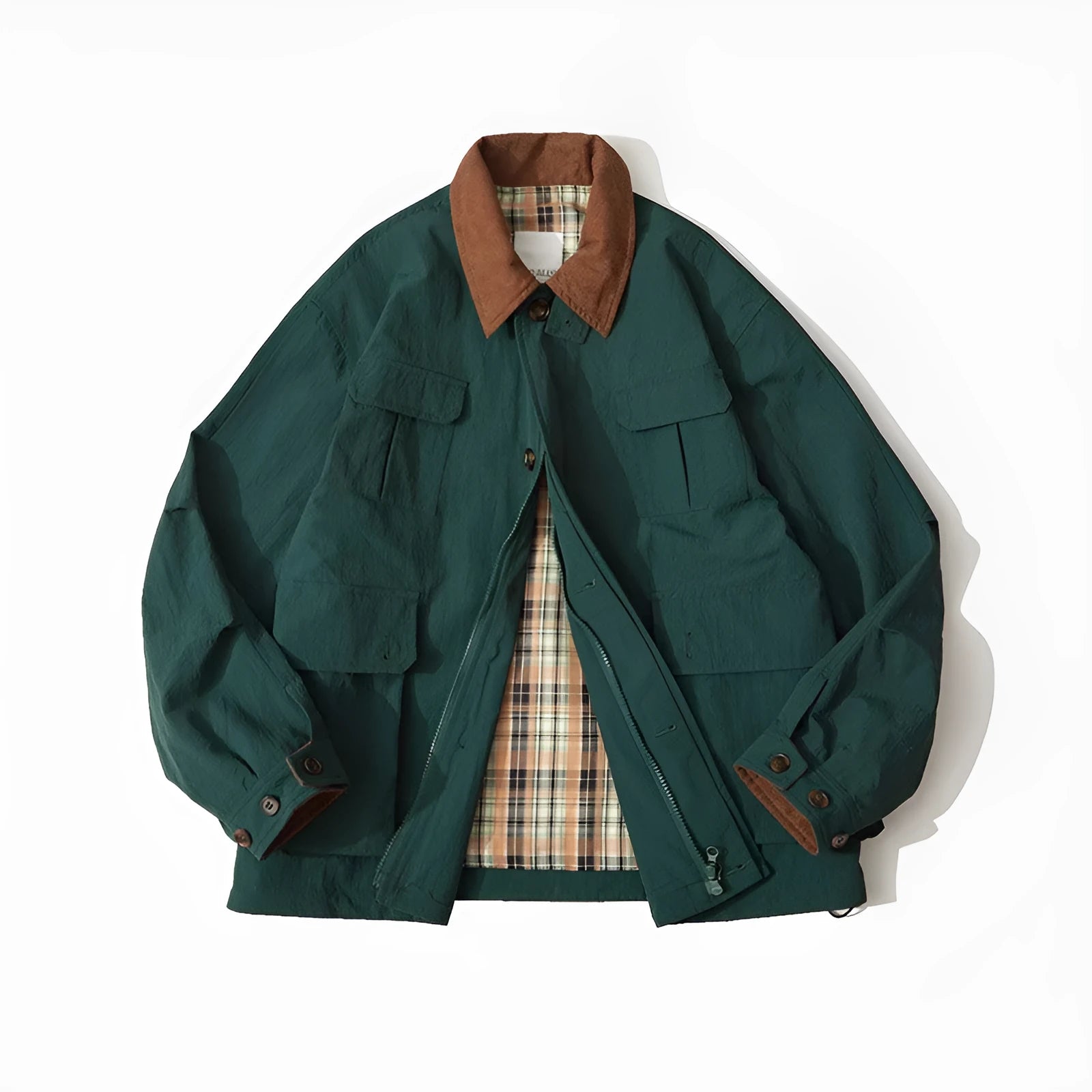 Green and apricot contrast colour casual jacket with side seam pockets on a hanger