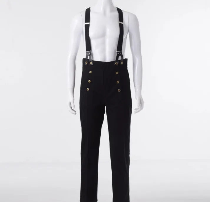 Men's retro high waist double breasted casual straight pants in black with braces