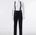 Men's retro high waist double breasted casual straight pants in black with braces
