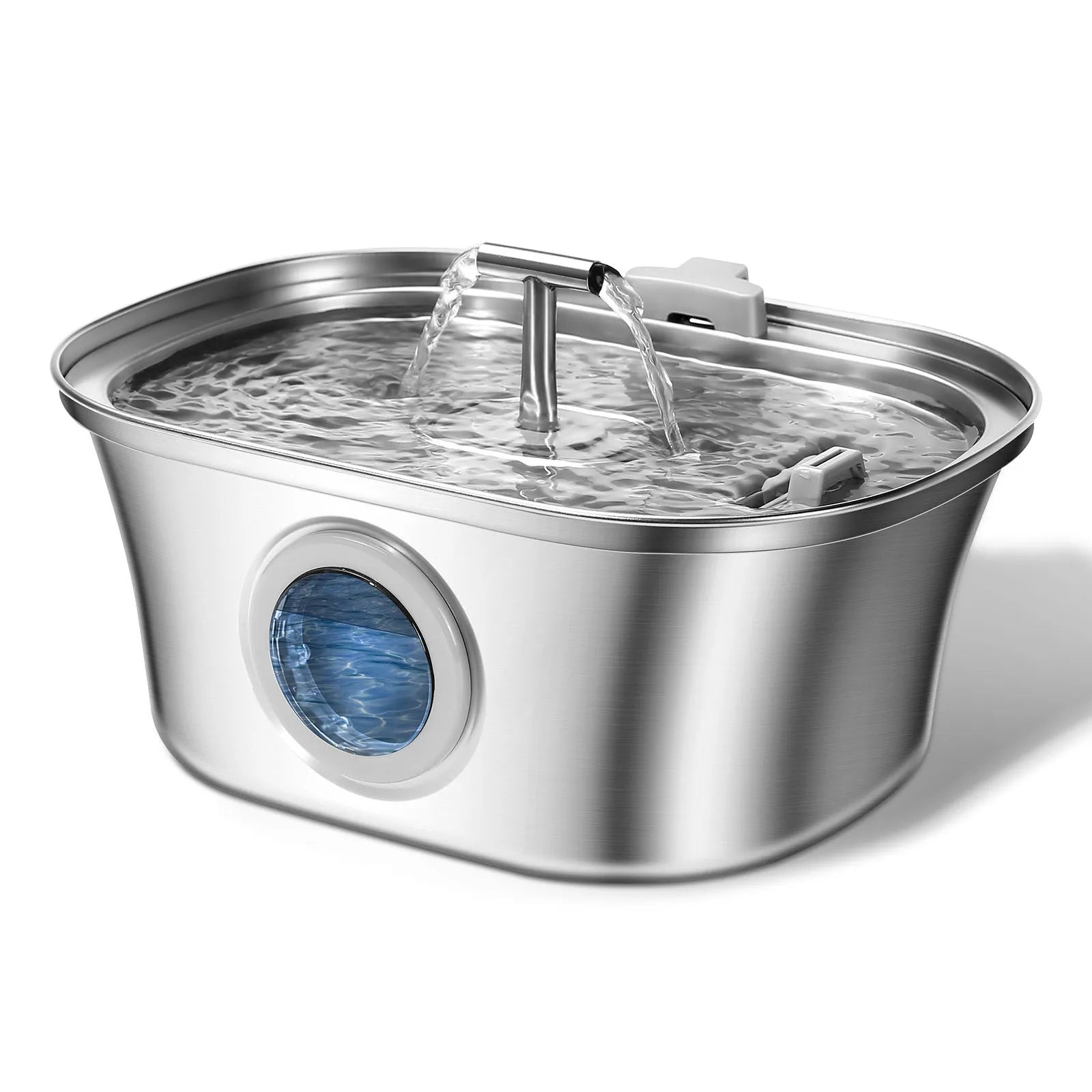 Stainless steel round pet water dispenser with large reservoir and selectable faucet attachment