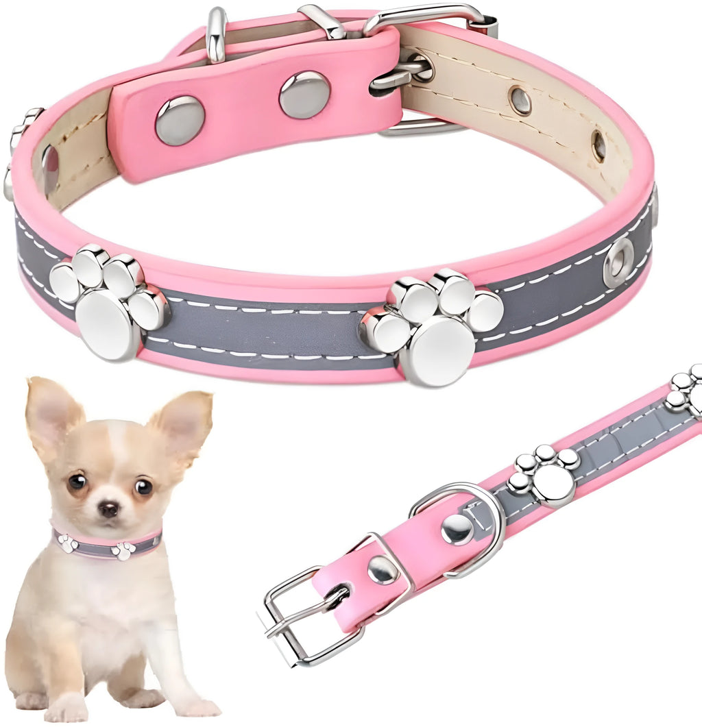 Reflective brown PU leather dog collar with a metal buckle and decorative paw rivet, shown on a size chart.